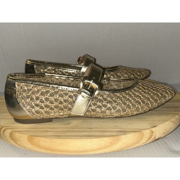 Crown Vintage Shoes Women 9M Metallic Gold Mary Jane Flats Mesh Breathable Strap - Picture 3 of 13